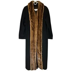 Vintage Barrie Pace black Lambswool faux fur trimmed long coat. USA made. Size 8